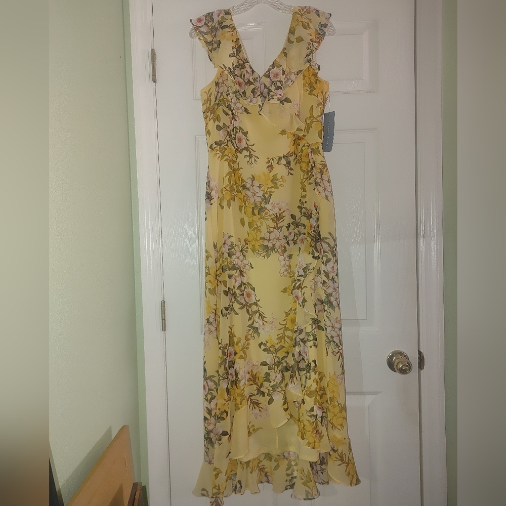 London Times Chiffon Hi-Lo Faux Wrap Ruffle Midi YELLOW Dress Size 14 Floral